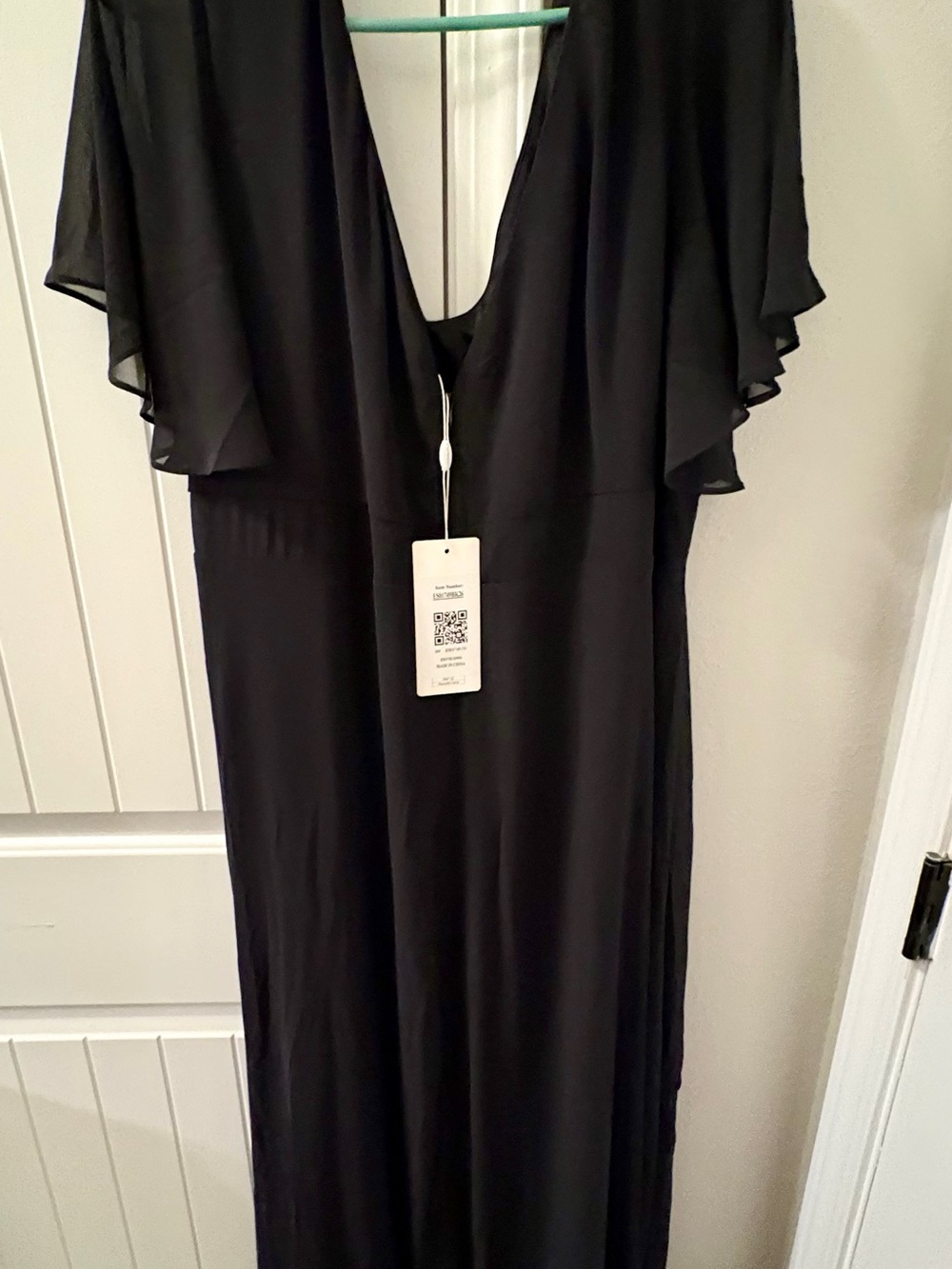 Black Flutter-Sleeve Deep V Maxi Dress